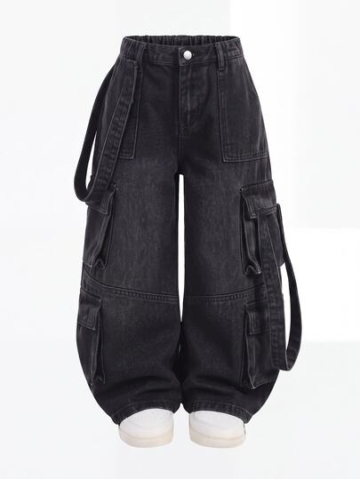 SHEIN Young Girl Casual Washed Wide Leg Cargo Denim Jeans