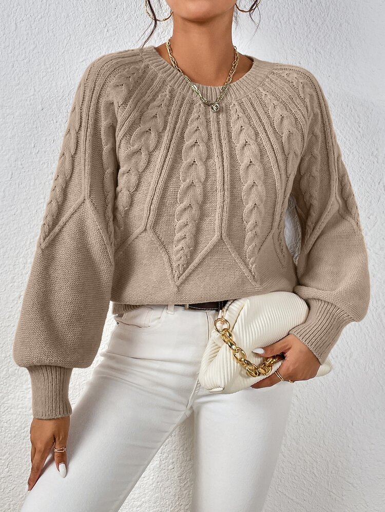 EMERY ROSE Cable Knit Lantern Sleeve Sweater,Long Sleeve Tops Knit Pullover Fall Winter - Khaki - View 4