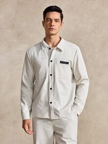 Courvante Men's Solid Color Long-Sleeved Single-Breasted Work Pocket Shirt And Trousers Casual Suit, Fall - Apricot - View 4