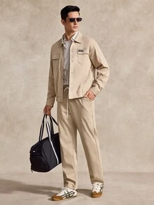 Courvante Men's Solid Color, Long Sleeve Double Pocket Jacket Drawstring Elastic Waist Pants, Suitable For Self-Wear Or Gift To Friends - Khaki - View 1