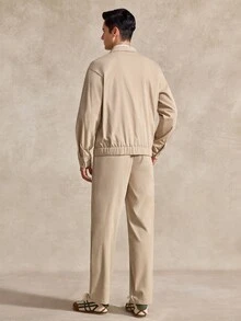 Courvante Men's Solid Color, Long Sleeve Double Pocket Jacket Drawstring Elastic Waist Pants, Suitable For Self-Wear Or Gift To Friends - Khaki - View 2