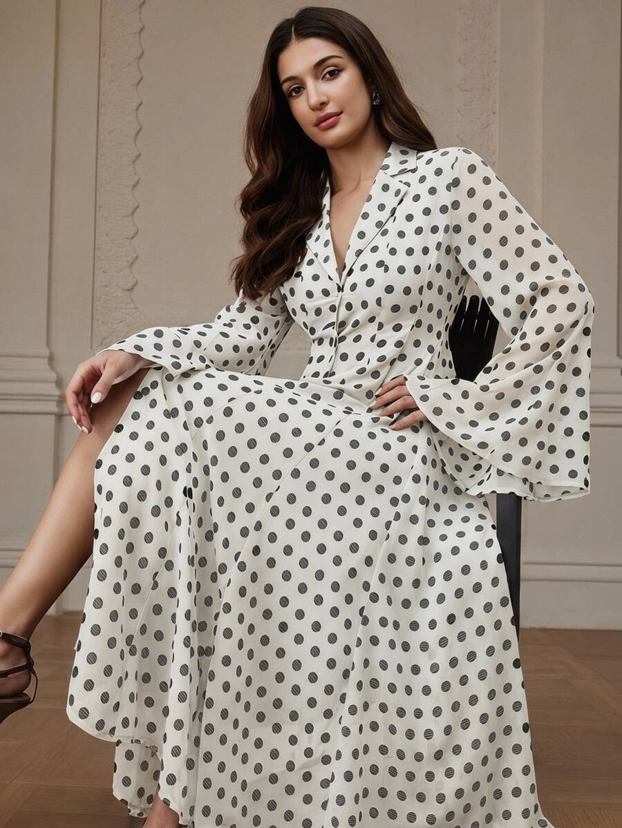 BELROSIE Elegant Lapel Single-Breasted Waist Slit Long Sleeve A-Line ...