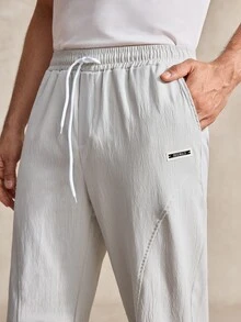 Men's Beige Drawstring Waist Pockets Loose Casual Pants, Golf, Tennis, Business Commute, Fall - Beige - View 6