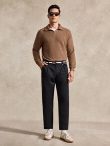 Courvante 1件男士成熟休閒長褲，黑色布料，通勤百搭，時尚舒適，適合高爾夫、網球、商務，秋季 - 黑色 - 查看 2