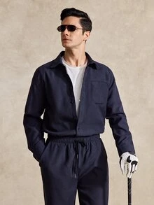 Courvante Setelan Kemeja Lengan Panjang Pria dengan Kerah dan Kancing Depan, Celana Panjang, Musim Gugur/Dingin - Navy Blue - View 4