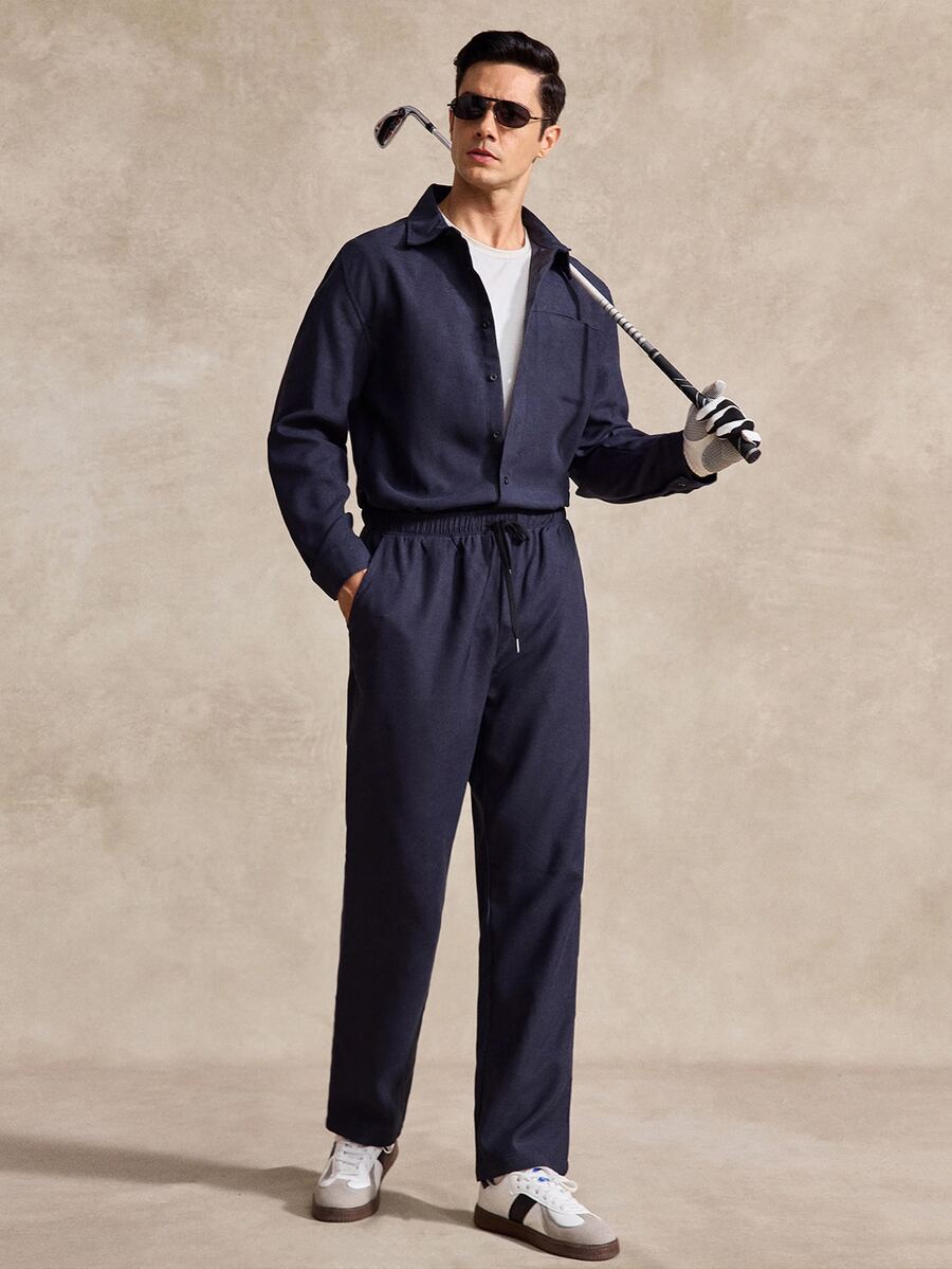 Courvante Setelan Kemeja Lengan Panjang Pria dengan Kerah dan Kancing Depan, Celana Panjang, Musim Gugur/Dingin - Navy Blue - View 1