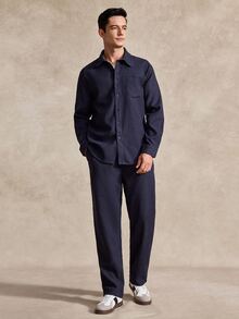 Courvante Setelan Kemeja Lengan Panjang Pria dengan Kerah dan Kancing Depan, Celana Panjang, Musim Gugur/Dingin - Navy Blue - View 3