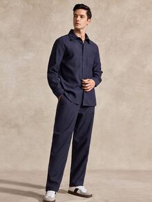 Courvante Setelan Kemeja Lengan Panjang Pria dengan Kerah dan Kancing Depan, Celana Panjang, Musim Gugur/Dingin - Navy Blue - View 8