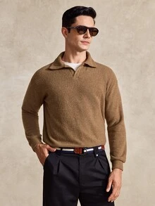 Courvante Men's Casual Solid Color Long Sleeve Polo Shirt, Versatile For Autumn/Winter Men's Knit Shirt Earthy Clothes Men Brown Sweater, Golf Fall - Camel - View 1