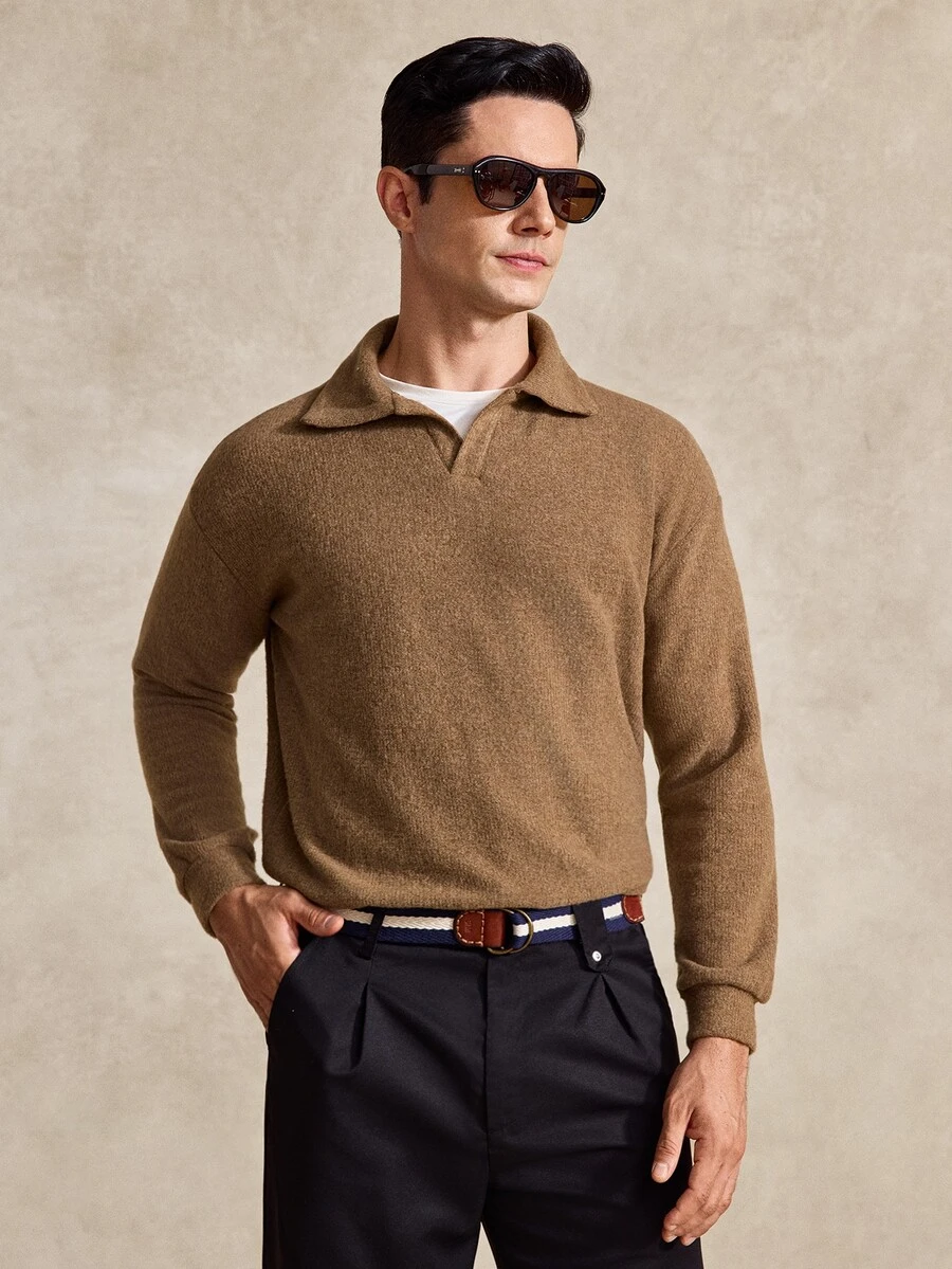 Courvante Men's Casual Solid Color Long Sleeve Polo Shirt, Versatile For Autumn/Winter Men's Knit Shirt Earthy Clothes Men Brown Sweater, Golf Fall - Camel - View 1