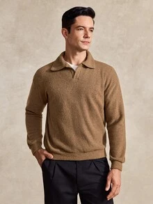 Courvante Men's Casual Solid Color Long Sleeve Polo Shirt, Versatile For Autumn/Winter Men's Knit Shirt Earthy Clothes Men Brown Sweater, Golf Fall - Camel - View 4