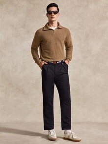 Courvante Men's Casual Solid Color Long Sleeve Polo Shirt, Versatile For Autumn/Winter Men's Knit Shirt Earthy Clothes Men Brown Sweater, Golf Fall - Camel - View 2