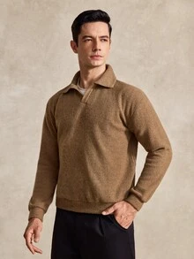 Courvante Men's Casual Solid Color Long Sleeve Polo Shirt, Versatile For Autumn/Winter Men's Knit Shirt Earthy Clothes Men Brown Sweater, Golf Fall - Camel - View 5