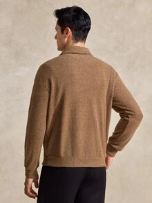 Courvante Men's Casual Solid Color Long Sleeve Polo Shirt, Versatile For Autumn/Winter Men's Knit Shirt Earthy Clothes Men Brown Sweater, Golf Fall - Camel - View 3