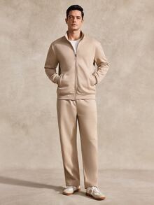 Courvante Long Sleeve Men's Casual Solid Color Jacket And Pants Set, Fall Clothes, Cozy Outfits, Tennis - Apricot - View 3