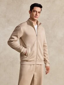 Courvante Long Sleeve Men's Casual Solid Color Jacket And Pants Set, Fall Clothes, Cozy Outfits, Tennis - Apricot - View 4