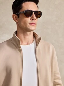 Courvante Long Sleeve Men's Casual Solid Color Jacket And Pants Set, Fall Clothes, Cozy Outfits, Tennis - Apricot - View 5