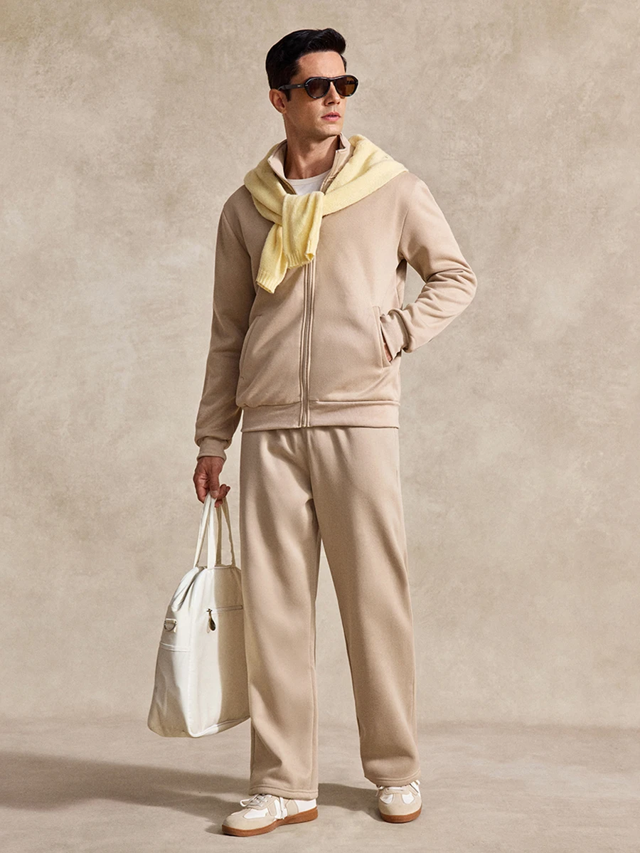 Courvante Long Sleeve Men's Casual Solid Color Jacket And Pants Set, Fall Clothes, Cozy Outfits, Tennis - Apricot - View 1