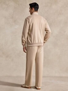 Courvante Long Sleeve Men's Casual Solid Color Jacket And Pants Set, Fall Clothes, Cozy Outfits, Tennis - Apricot - View 2
