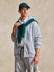Courvante Men's Casual Commute Simple Solid Color Zip-Up Drawstring Hoodie And Seam Front Drawstring Waist Long Pants Set, Autumn, Tennis - Grey - View 4