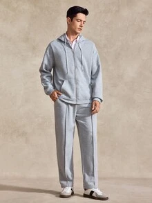 Courvante Men's Casual Commute Simple Solid Color Zip-Up Drawstring Hoodie And Seam Front Drawstring Waist Long Pants Set, Autumn, Tennis - Grey - View 3