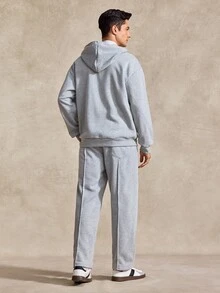 Courvante Men's Casual Commute Simple Solid Color Zip-Up Drawstring Hoodie And Seam Front Drawstring Waist Long Pants Set, Autumn, Tennis - Grey - View 2