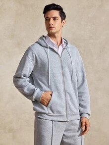 Courvante Men's Casual Commute Simple Solid Color Zip-Up Drawstring Hoodie And Seam Front Drawstring Waist Long Pants Set, Autumn, Tennis - Grey - View 6