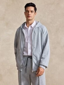 Courvante Men's Casual Commute Simple Solid Color Zip-Up Drawstring Hoodie And Seam Front Drawstring Waist Long Pants Set, Autumn, Tennis - Grey - View 5