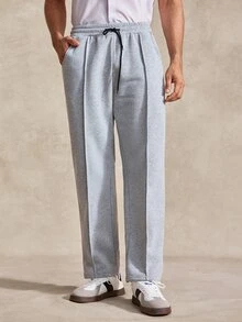 Courvante Men's Casual Commute Simple Solid Color Zip-Up Drawstring Hoodie And Seam Front Drawstring Waist Long Pants Set, Autumn, Tennis - Grey - View 8