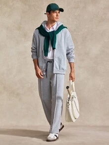 Courvante Men's Casual Commute Simple Solid Color Zip-Up Drawstring Hoodie And Seam Front Drawstring Waist Long Pants Set, Autumn, Tennis - Grey - View 1