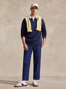Courvante 男士寬鬆版型對比領 Polo 領長袖衛衣/長袖 Polo 衫/長袖橄欖球衫，適合秋冬，網球運動 - 藏蓝色 - 查看 2