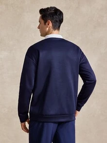 Courvante 男士寬鬆版型對比領 Polo 領長袖衛衣/長袖 Polo 衫/長袖橄欖球衫，適合秋冬，網球運動 - 藏蓝色 - 查看 3