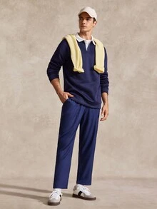 Courvante 男士寬鬆版型對比領 Polo 領長袖衛衣/長袖 Polo 衫/長袖橄欖球衫，適合秋冬，網球運動 - 藏蓝色 - 查看 7