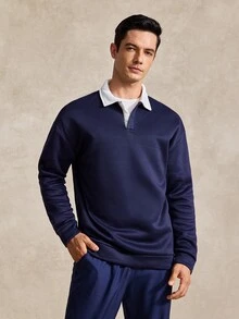 Courvante 男士寬鬆版型對比領 Polo 領長袖衛衣/長袖 Polo 衫/長袖橄欖球衫，適合秋冬，網球運動 - 藏蓝色 - 查看 5