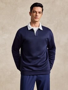 Courvante 男士寬鬆版型對比領 Polo 領長袖衛衣/長袖 Polo 衫/長袖橄欖球衫，適合秋冬，網球運動 - 藏蓝色 - 查看 1
