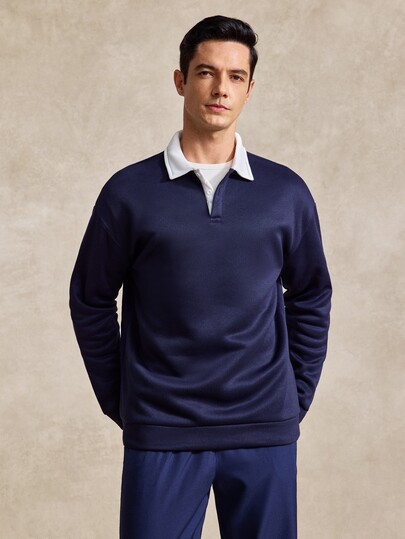 Courvante 男士寬鬆版型對比領 Polo 領長袖衛衣/長袖 Polo 衫/長袖橄欖球衫，適合秋冬，網球運動