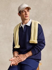 Courvante 男士寬鬆版型對比領 Polo 領長袖衛衣/長袖 Polo 衫/長袖橄欖球衫，適合秋冬，網球運動 - 藏蓝色 - 查看 8
