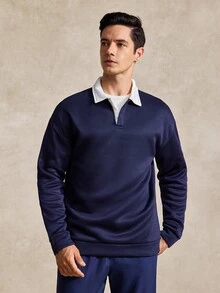 Courvante 男士寬鬆版型對比領 Polo 領長袖衛衣/長袖 Polo 衫/長袖橄欖球衫，適合秋冬，網球運動 - 藏蓝色 - 查看 4
