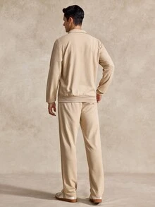 Courvante 男士長袖寬鬆素色休閒兩件套，秋季服飾，適合高爾夫、商務通勤 - 杏色 - 查看 2