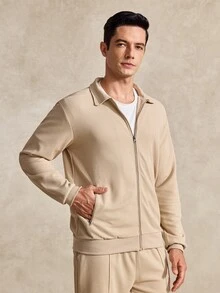 Courvante 男士長袖寬鬆素色休閒兩件套，秋季服飾，適合高爾夫、商務通勤 - 杏色 - 查看 5