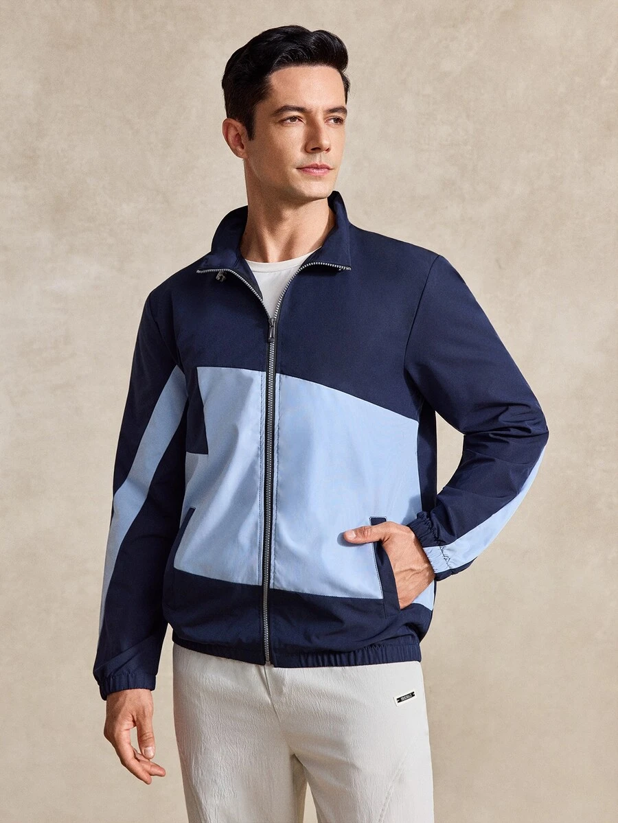 Courvante Men's Color Block Zipper Casual Daily Wear Long Sleeve Jacket ...