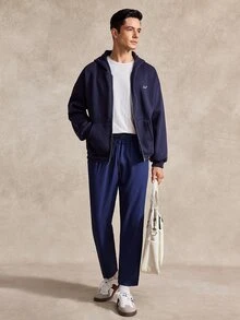 Courvante 男士休閒字母刺繡拉鍊連帽衛衣，秋季、高爾夫、網球、冬季 - 純藍 - 查看 8
