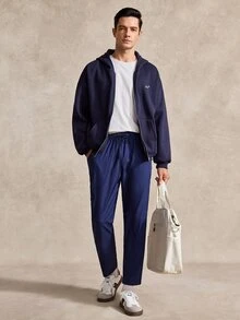 Courvante 男士休閒字母刺繡拉鍊連帽衛衣，秋季、高爾夫、網球、冬季 - 純藍 - 查看 3
