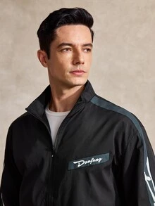 Men's Letter Graphic Zipper Casual Rave Long Sleeve Jacket, Outdoor Windbreaker For Fall - Black - View 4