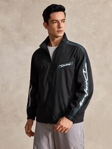 Men's Letter Graphic Zipper Casual Rave Long Sleeve Jacket, Outdoor Windbreaker For Fall - Black - View 1