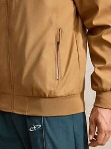 男士长袖宽松拉链口袋户外防风夹克，复古风格，秋季款 - 卡其色 - 查看 6