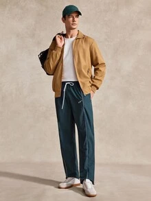 男士长袖宽松拉链口袋户外防风夹克，复古风格，秋季款 - 卡其色 - 查看 7