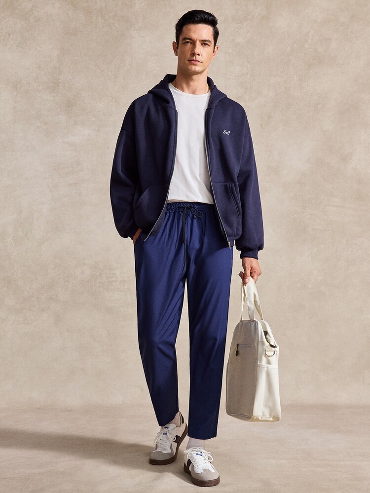 Courvante Celana Panjang Pria Longgar Polos dengan Tali Serut di Pinggang, Musim Gugur, Golf, Tenis, Perjalanan Bisnis - Navy Blue - View 7