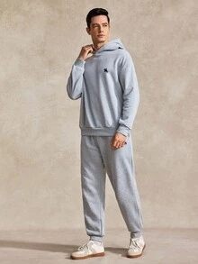 Courvante 男士長袖經典寬鬆休閒灰色保暖內裡連帽衛衣與運動褲套裝，舒適穿搭，秋冬，網球 - 灰色 - 查看 3