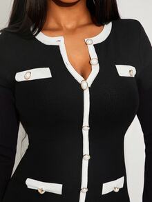SHEIN SXY Women's Colorblock Casual Daily Knit Dress - Black and White - View 3